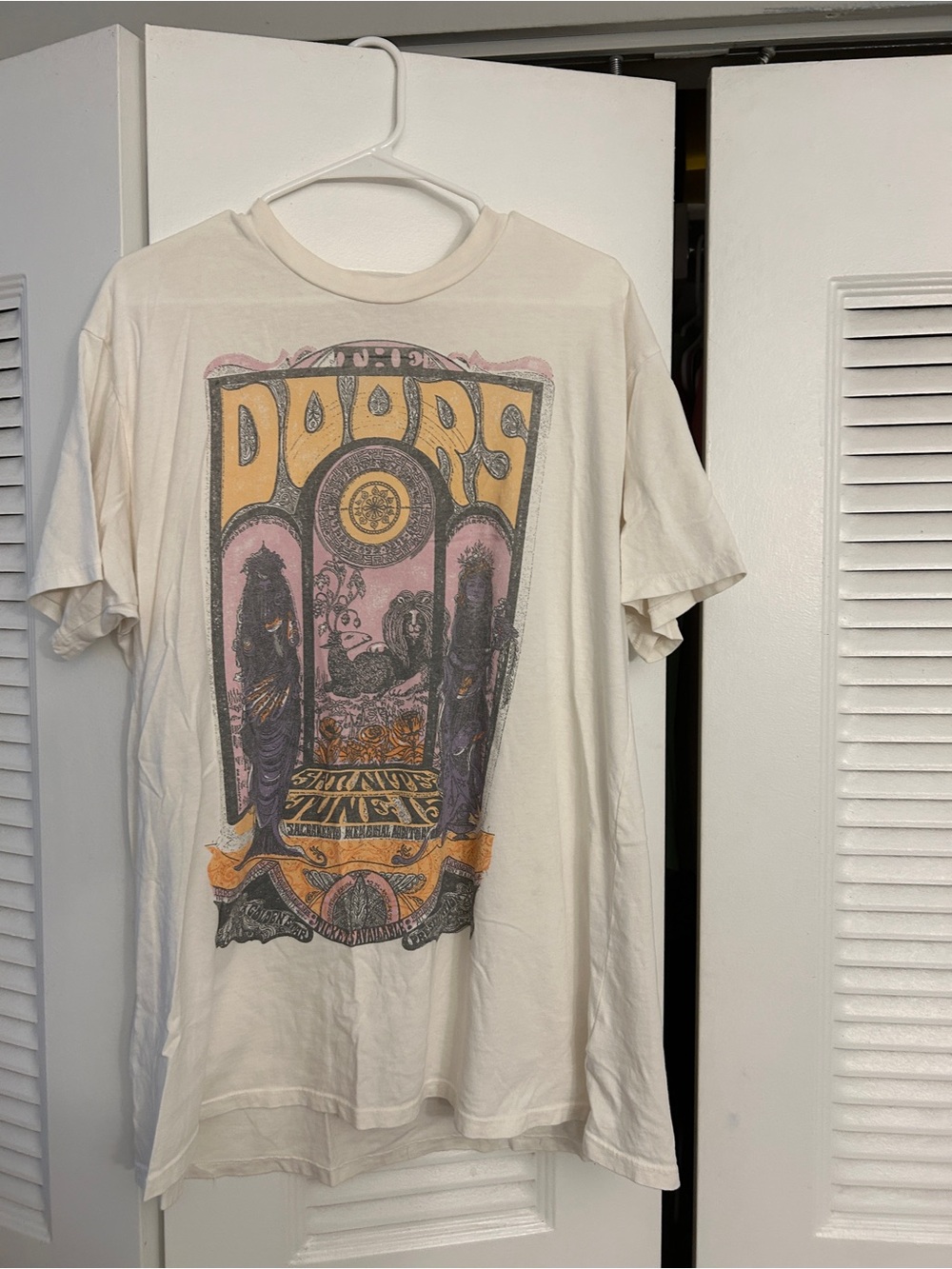 Free People oversized long Vintage-Style White Graphic Band T-Shirt. Doors